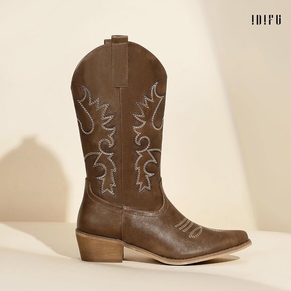 Women Brown Manmade Material Mid Calf Embroidered Low Heel Pointed Toe Boots - Picture 6 of 6